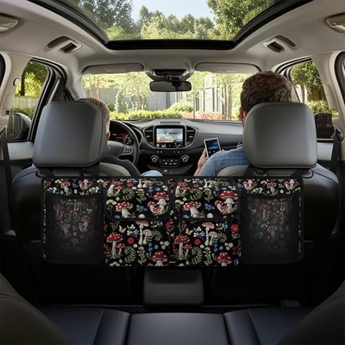 Mushroom Designs Car Trunk Organizer Hanging Car Back Seat Storage Bag with 4 Large Pockets Multipurpose Collapsible Storage Bag Automotive Interior Accessories