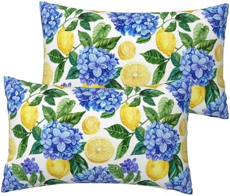 KiuLoam Summer Lemon Hydrangea Lumbar Pillow Covers 12x20 Set of 2 Blue Yellow Floral Decorative Throw Pillow Covers Outdoor Farmhouse Cushion Cases for Sofa Couch Bed Living Room Decor by KiuLoam