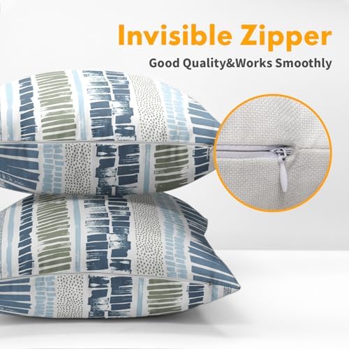 Blue Green Pillow Covers 18x18 Set of 2 Boho Striped Dots Print Pattern Decorative Outdoor Zipper Pillowcases Rustic Decoration Farmhouse Linen Throw Cushion Cover Decor for Home Couch Sofa Bed - Image 5