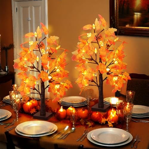 2 Packs 24 Inch Lighted Maple Tree Fall Thanksgiving Decorations with 48 LEDs Timer Battery Operated 3D Acorn Maple Lampshade Artificial Autumn Tree Lights for Thanksgiving Table Decor Home Indoor - Image 6