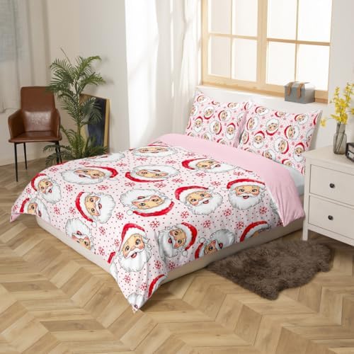 Cartoon Santa Claus Kids Duvet Cover Set Full Size,Snowflake Polka Dots Cute Bedding Set,Girls Boys Adults Room Decor,Merry Christmas Holiday Comforter Cover,Pink Romantic Quilt Cover,2 Pillowcases - Image 5