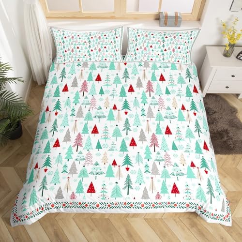 Merry Christmas Kids Duvet Cover Set Twin Size,Cartoon Pine Trees Rustic Farmhouse Bedding Set,Girls Boys Adults Room Decor,Snowflake Xmas Holiday Comforter Cover,Colorful Quilt Cover,1 Pillowcase - Image 4