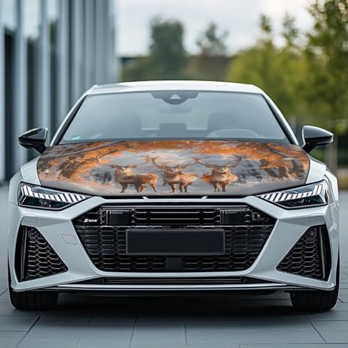 Fall Leaves Elk Car Hood Cover Stretchable Polyester,Engine Cover，Elastic Fabrics Can be Washed,Car Bonnet All-Season Protection