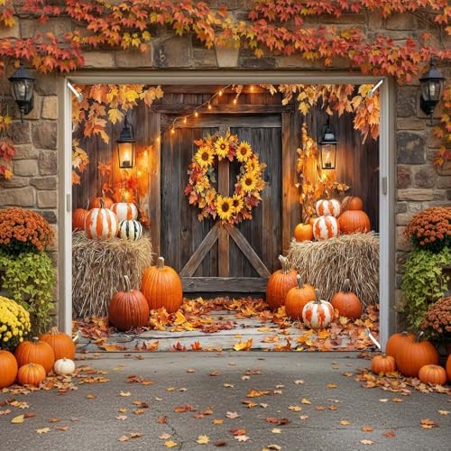 Fall Thanksgiving Garage Door Cover 16x7ft 2 Car Pumpkin Hay Bale Decor - Image 5