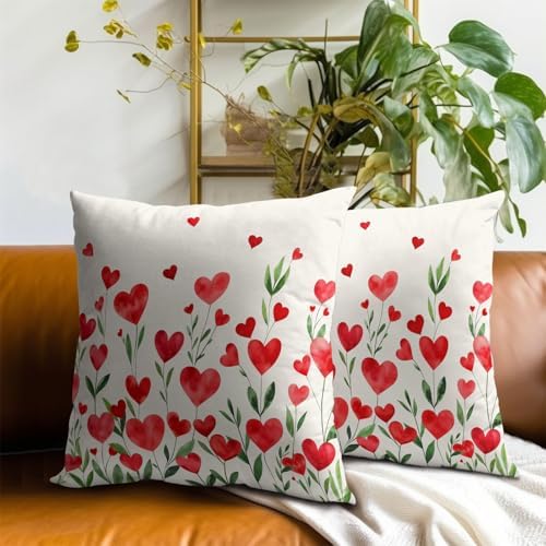 Valentine's Day Flower Throw Pillow Covers 20X20 Inches Set of 2 Red Love Heart Floral Pillowcase Soft Cotton Square Cushion Covers for Anniversary Wedding Home Sofa Bedroom Decoration - Image 7