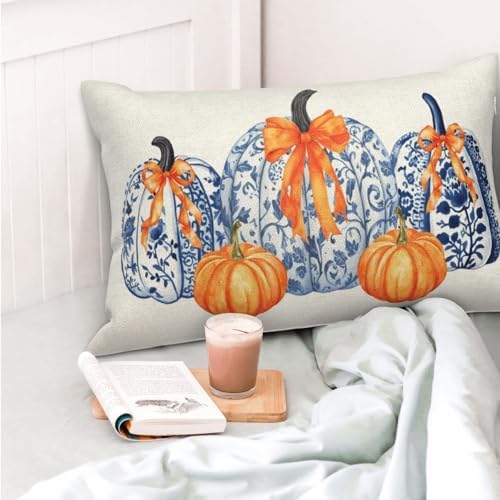 Fall Pillow Covers 12x20 Set of 2 Chinoiserie Blue and Orange Pumpkin Throw Pillows Autumn Thanksgiving Outdoor Fall Decoration Pillowcase Farmhouse Lumbar Cushion Case for Couch Home Decor - Image 4