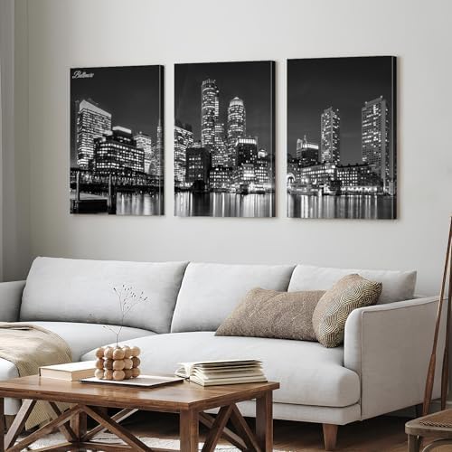 Baltimore Skyline Wall Art Black and White Night Maryland Skyscraper Pictures Prints Office Wall Decor USA Cityscape Canvas Painting Harbor City Panoramic Artwork for Bedroom Home Decoration 24x36" 3P - Image 6