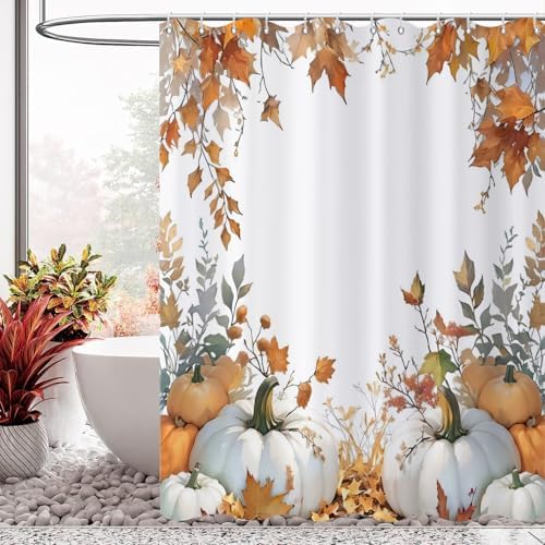 Fall Pumpkin Shower Curtain, Watercolor Autumn Harvest Pumpkins with Falling Maple Leaves Thanksgiving Day Bathroom Curtain Waterproof Fabric Machine Washable with Hooks, 60" Wx72 L by Caheansi