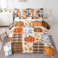Erosebridal Patchwork Autumn Fall Queen Comforter Set 7 Piece Blue Orange Pumpkin Bed in A Bag Farmhouse Buffalo Plaid Thanksgiving Bedding Set for Kids Adults Maple Leaf Sheet Set with Comforter by Erosebridal