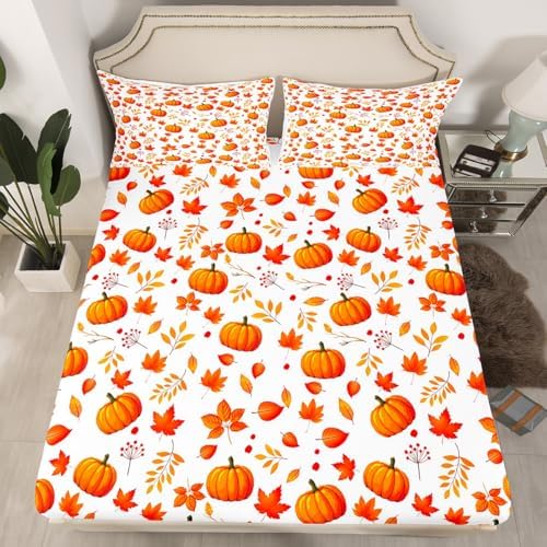 Happy Fall Fitted Sheet Halloween Autumn Pumpkin Bed Sheets King,Cute Fall Flowers Maple Leaf Bedding Set Thanksgiving Sheet Set Gifts for Kids Boys Girls Fall Home Bedroom Decor Flat Sheet 4 Pcs - Image 3