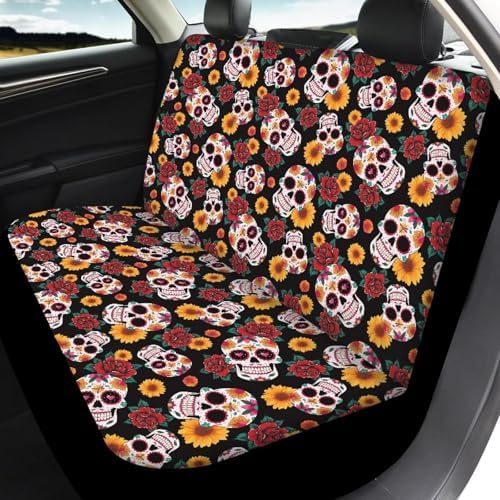 Gothic Skull Roses Car Seat Covers 4Pcs Front & Rear Breathable Seat Covers Universal Fits for Truck, Sedan, SUV Auto Interior Protector Car Accessories Halloween Decor