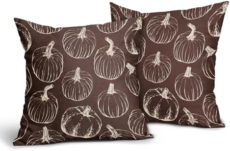 Fall Pumpkin Pillow Covers 18x18 Set of 2 Dark Brown Autumn Thanksgiving Harvest Print Decorative Throw Pillows Seasonal Themed Outdoor Pillowcase Farmhouse Cushion Case Decor for Home Sofa Couch Bed - Image 2