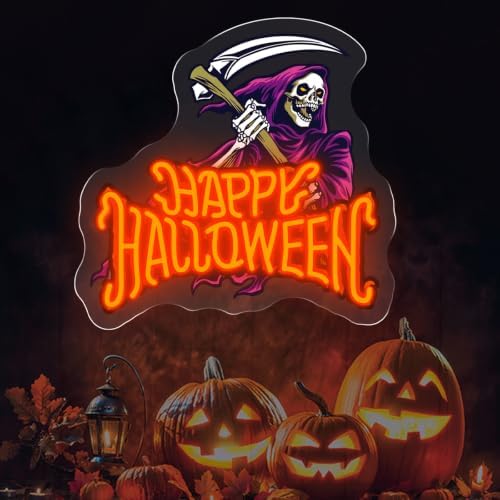 Happy Halloween Neon Sign, Skeleton With Reaping Hook LED Light, 13.4"x13" by DMDMBSR