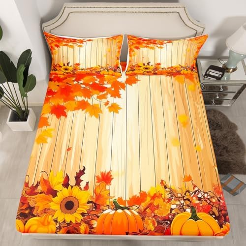 Feelyou Fall Pumpkin Bed Sheets Set Full Size Thanksgiving Harvest Season Fruit Decor Sheet Set for Kids Boys Girls Decor Maple Leaf Sheets with Deep Pocket Fitted Sheet Orange - Image 2