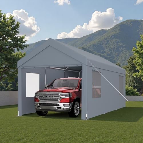 10x20FT Canopy, Outdoor Portable Garage with 2 Roll-Up Doors & 4 Ventilated Windows, Patio Camping Heavy Duty Car Port Canopy with PE Cover, Ground Pegs & Steel Cables, Easy Assembly, Grey by Outdoorchairs