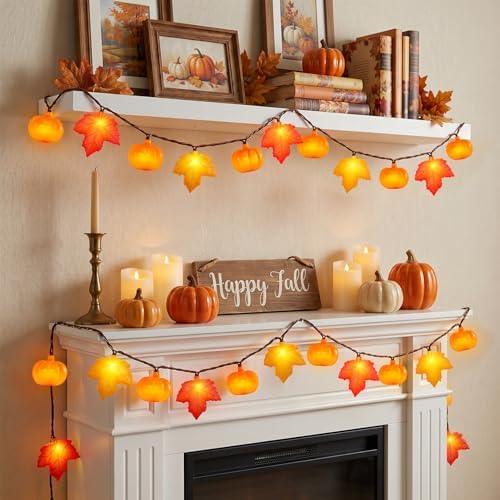 Fall Decor - 12Ft 20 LED Maple Leaf Pumpkin String Lights Plug in, 3D Fall String Lights Orange Yellow Leaves & Pumpkin Lights for Indoor Outdoor Home Autumn Decor & Thanksgiving Decorations, 0.07W - Image 2