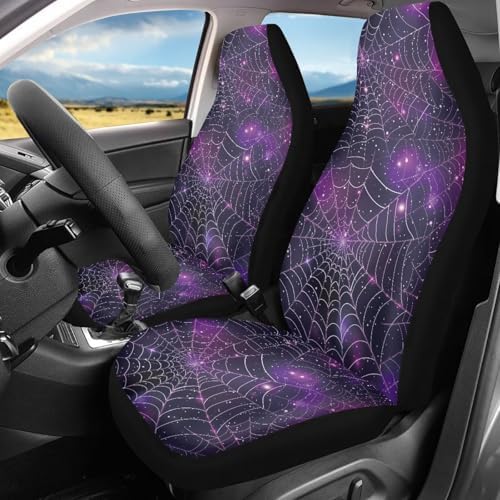 Halloween Galaxy Spider Web Car Seat Cover for Women 2Pcs Halloween Car Accessory Decoration Non Slip Easy to Install Vehicle Seat Covers for Front Seats