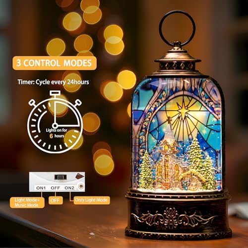 Christmas Snow Globe Lantern Water Glittering Churches & Holy Family with Music& Timer, USB Lined/Battery Operated Lighted Lantern for Christmas Festival Decoration Gifts - Image 4