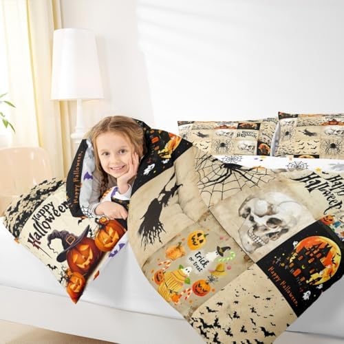 Homewish Happy Halloween Comforter Set Queen Size,Kids Pumpkin Lantern Witch Bat Skull Spider Web Bedding Set Brown Grid Patchwork Quilt Set Vintage Gothic Duvet Insert Boys Girls Bedroom Decor 3Pcs - Image 5
