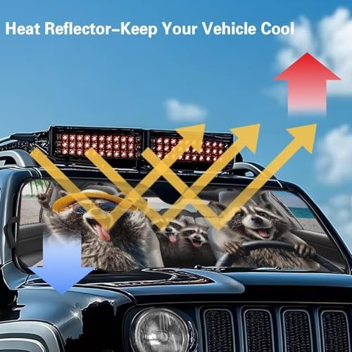 Renewold Automotive Windshield Sunshade Car Front Window Sun Shade for Jeep Wrangler JK JKU JL JLU 1997-2023 2&4 Door Gladiator JT 2020-2023 Funny Raccoon Driving Auto Sun Visor Shield Car Interior