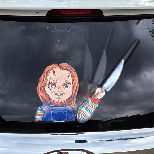 Killer Doll waving a Knife WiperTags with decal attaches to rear vehicle wiper for horror fans or Halloween - MADE IN USA