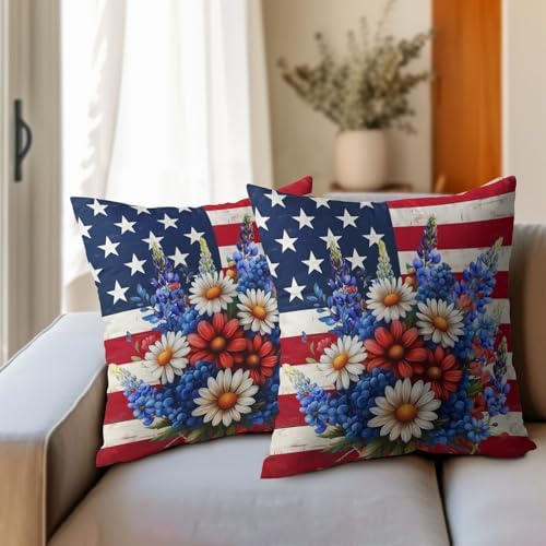 4th of July Patriotic Flower Pillow Covers 20x20 Inches American Flag Independence Day Throw Pillow Case Set of 2 Memorial Day Pillows Cotton Linen Cushion Cover for Home Couch Sofa Livingroom - Image 6