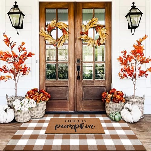 Homydecor Buffalo Plaid Outdoor Rugs, 3'x5' Coffe and White Checkered Area Rug, Layering Rug for Hello/Welcome Door Mat, Washable Cotton Woven Farmhouse Mat for Front Porch Décor - Image 2