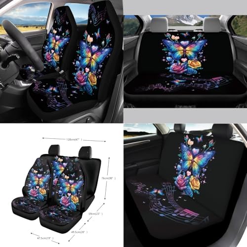 Butterfly Rose Car Seat Covers 15Pcs Full Set Car Steering Wheel Cover Seat Belt Cover Trash Bin Air Vent Storage Box Rear View Mirror Car Cup Holder Keychain Music Notes Print