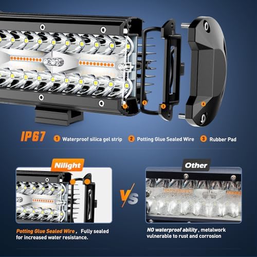 Nilight 6.5Inch Off-Road LED Light Bar White Amber 3 Lighting Modes