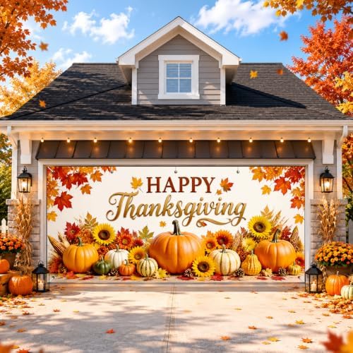 IVN Thanksgiving Garage Door Cover 16x7ft Pumpkin Sunflower Fall Banner by IVN
