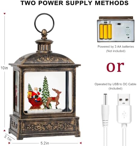 Christmas Snow Globe Lantern Water Glittering Santa Sleigh & Reindeer Scene with Music, USB Lined/Battery Operated Lighted Lantern for Christmas Festival Decoration Gifts - Image 6