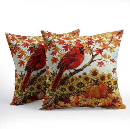 Fall Red Cardinal Bird Pillow Covers 24x24 Set of 2 Sunflower Thanksgiving - Image 3