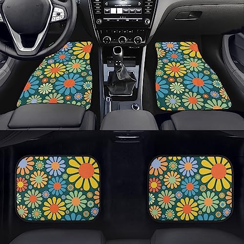 Colorful Hippie Flower Car Floor Mats Set of 4,Abstract Tropical Floral Seamless Pattern Cute Flowers Vehicle Front Rear Carpets Mats Universal Car Floor Rugs Car Accessories for Van Truck