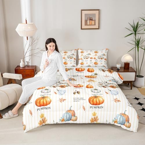 Homewish Fall Theme Pumpkin Comforter Set Full Size Maple Leaves Bedding Set Vintage Yellow White Stripes Quilt Set for Kids Girls Boys Women Bedroom Decor Rustic Farmhouse Plants Duvet Insert 3Pcs - Image 4