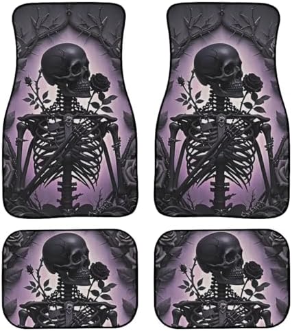 Skeleton Carpet Vehicle Floor Mats Gothic Skeleton Rose Print 4Piece Fit Floor Mat Interior Horrible Halloween Black Skull Flower Accessories Anti-Slip Mats for 1st Row