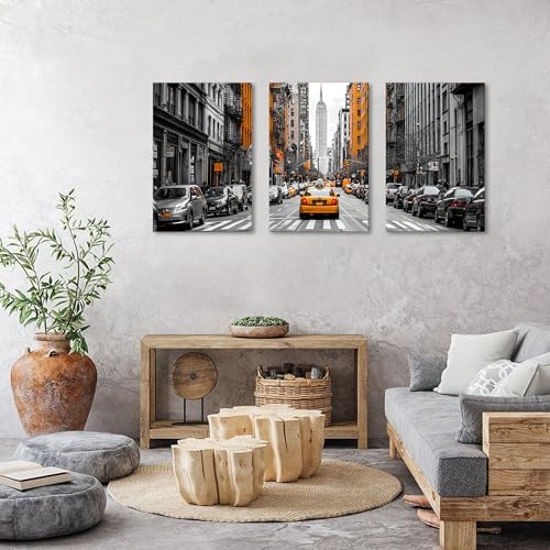 Black and White Nyc Wall Art Living Room Bedroom Wall Decor Cityscape Orange Taxi Framed Canvas Contemporary Street Car Poster Print City Photography Photo Man Bathroom Interior Decoration 24x36 3pcs - Image 3