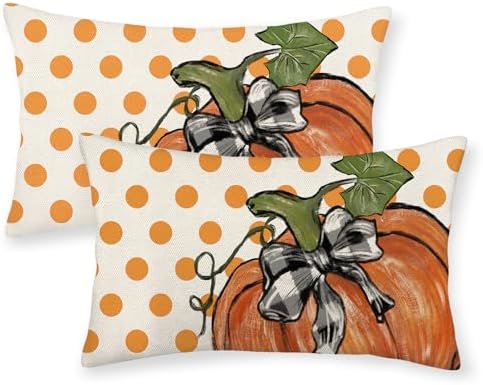 Fall Pillow Covers 12x20 Set of 2 Orange Pumpkin Leaf and Polka Dot Fall Decor Pillowcase Autumn Thanksgiving Decorative Outdoor Throw Pillow Covers Linen Farmhouse Cushion Case for Sofa Home by Gohdiwh