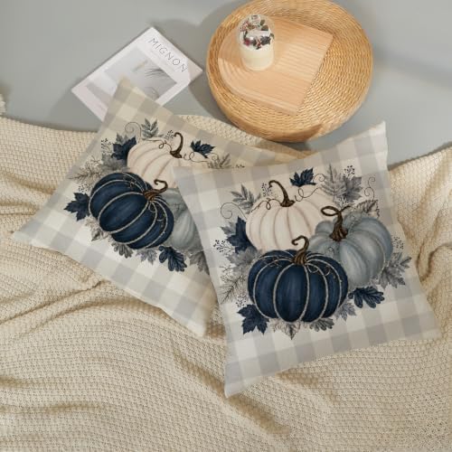 Fall Blue PumpkinPillow Covers 18x18 Set of 2 White Grey Buffalo Plaid - Image 6
