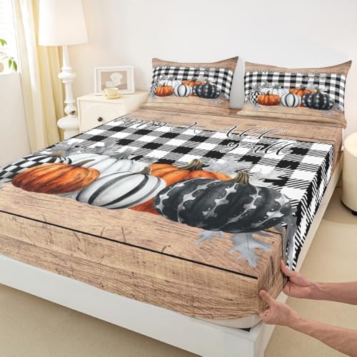 Fall Pumpkins Bed Sheets Full Rustic Farmhouse Thanksgiving Theme Beddig Set Black White Buffalo Plaid Fitted Sheet Happy Autumn Fall Sheet Set Wooden Board Flat Sheet 2 Pillow Cases Home Room Decor - Image 6
