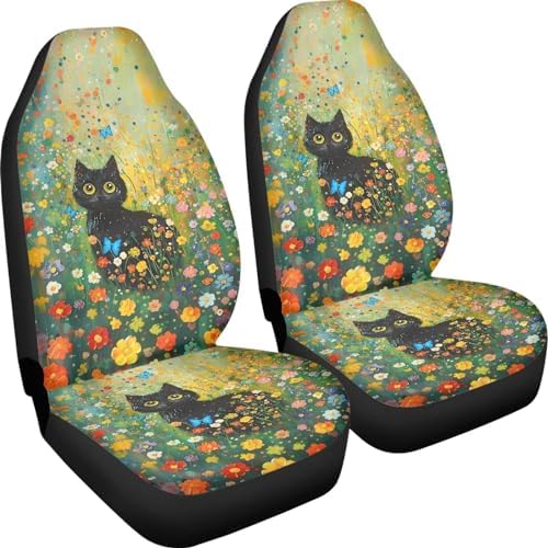Talayituse Cat Butterfly Flower Print Car Seat Cover Front Seats Only Full Set of 2, Universal Bucket High Back Car Front Seat Covers