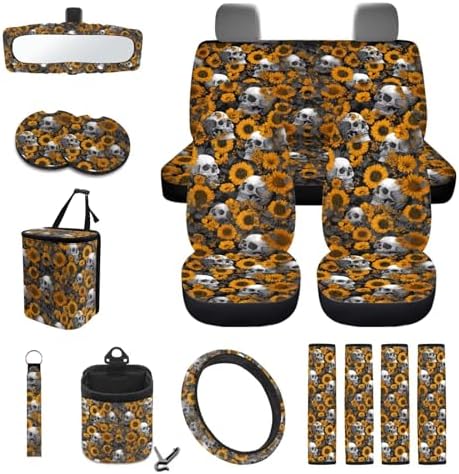 Gothic Skulls Sunflower Print 15Pcs Car Seat Cover Full Set Car Steering Wheel Cover Seat Belt Cover Trash Bin Air Vent Storage Box Front Rear View Mirror Car Cup Holder Keychain