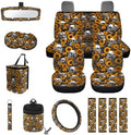 Gothic Skulls Sunflower Print 15Pcs Car Seat Cover Full Set Car Steering Wheel Cover Seat Belt Cover Trash Bin Air Vent Storage Box Front Rear View Mirror Car Cup Holder Keychain
