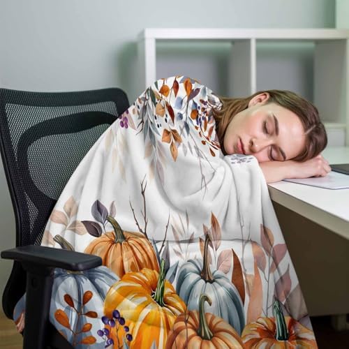 DecorLovee Orange Blue Fall Blanket 50"x60", Reversible Thanksgiving Throw Blanket for Couch/Bed/Camping, Maple Leaf Pumpkins Lightweight Soft Throw Blankets for Women, Warm Fuzzy Blankets for Winter - Image 7