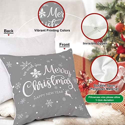 Lanpn White and Grey Christmas Throw Pillow Covers 18x18 Set of 4, Decorative 18 inch Gray Winter Snowflake Xmas Cushion Covers Pillow Cases for Home Bedroom Room Holiday Couch Decor Decorations - Image 6