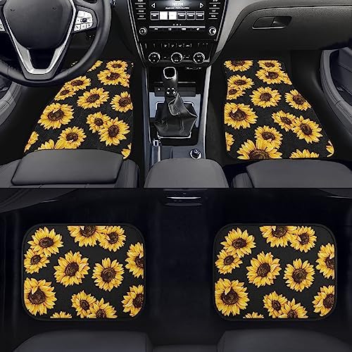 Sunflower Car Floor Mats Set of 4, Cute Yellow Flowers on Black Background Floral Vehicle Front Rear Carpets Mats, Universal Floor Rugs, Non-Slip Auto Accessories for SUV, Van, Truck