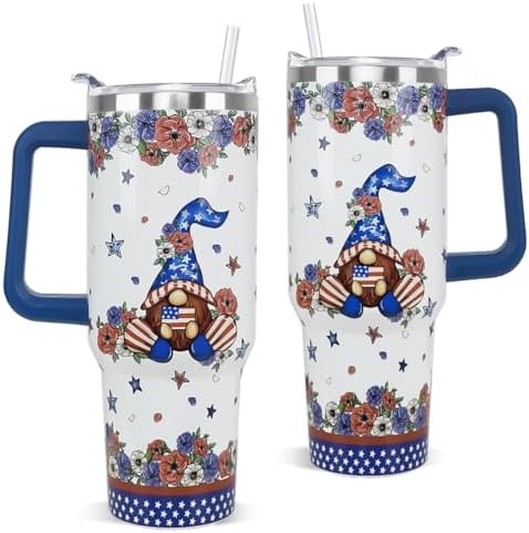 4th of July Tumbler with Handle 40 oz Gnomes Stars Flags Coffee Travel Mug Stainless Steel Poppy Flower Insulated Cups Independence Day Memorial Day Decor Gifts by Unknown