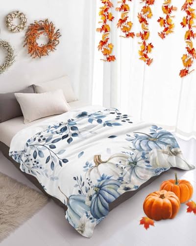 DecorLovee Blue Fall Blanket 40"x60", Reversible Thanksgiving Pumpkins Throw Blanket for Couch/Bed/Camping, Weeping Botanical Lightweight Soft Throw Blanket for Boys, Warm Fuzzy Blankets for Winter - Image 4