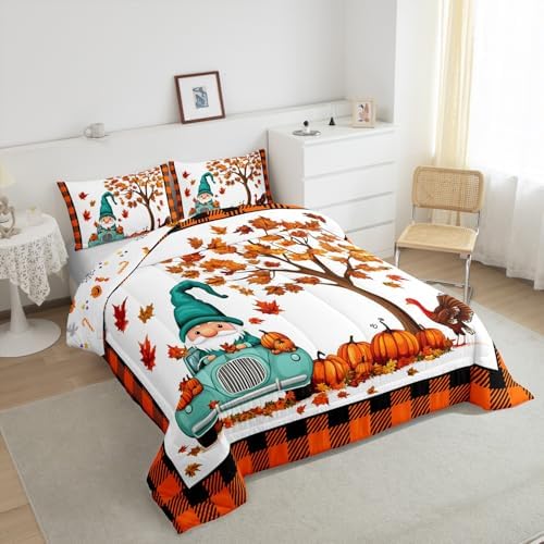 Erosebridal Gnome Bedding Set King Size Fall Pumpkin Comforter Set Thanksgiving Chicken Turkey Autumn Harvest Down Comforter for Boys Child Teens Maple Leaves Duvet Set Nature Grid Room Decor - Image 4