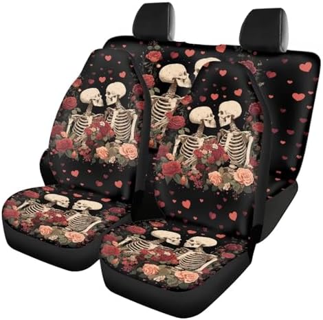 Skulls Heart Roses Print Car Seat Covers 4Pcs Front & Rear Breathable Seat Covers Universal Fits for Truck, Sedan, SUV Auto Interior Protector Car Accessories