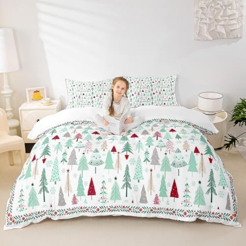 Merry Christmas Kids Duvet Cover Set Twin Size,Cartoon Pine Trees Rustic Farmhouse Bedding Set,Girls Boys Adults Room Decor,Snowflake Xmas Holiday Comforter Cover,Colorful Quilt Cover,1 Pillowcase by Manfei